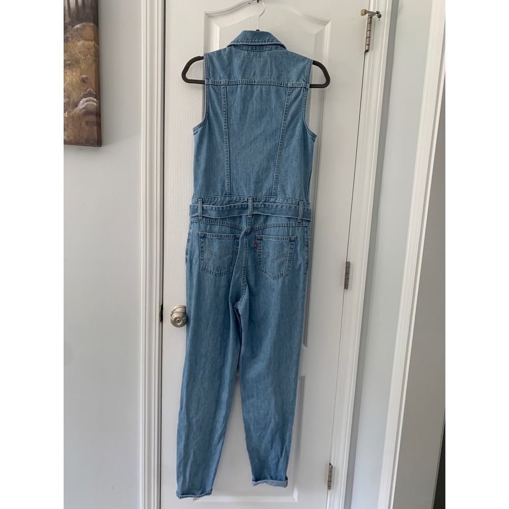 Levis Premium Denim Jumpsuit Light Wash Sleeveless Belted Utility XS Blue - Picture 6 of 11
